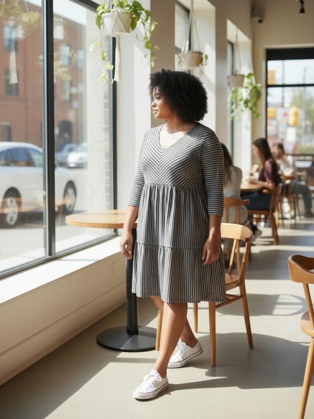 Matilda Jane Black & Gray Striped V-Neck Tiered Midi Dress